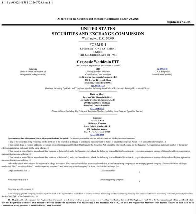 SEC Form S-1 Registration Statement filed on July 20, 2026 by Grayscale Worldcoin ETF, listing c/o Grayscale Investments Sponsors, LLC in Stamford, Connecticut.