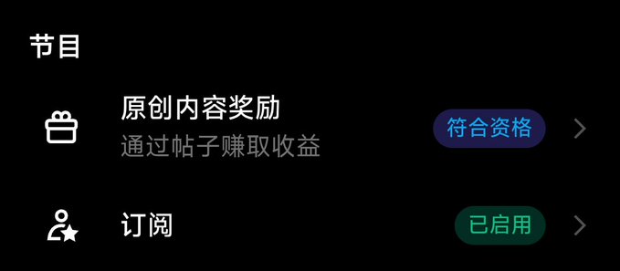 A Chinese-language app interface showing a '节目' (Programs) section with '原创内容奖励' (Original Content Rewards) marked as '符合资格' (Eligible) and '订阅' (Subscription) marked as '已启用' (Enabled).