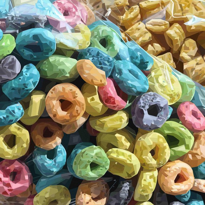 A vibrant, painterly close-up of colorful cereal loops in a plastic bag, featuring shades of green, yellow, pink, blue, and orange.
