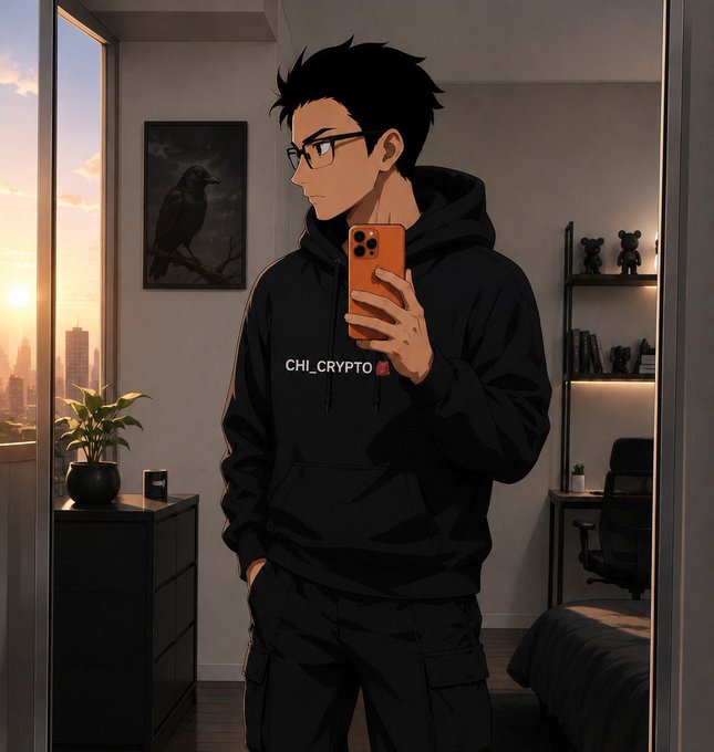 An anime-style illustration of a young man with glasses taking a mirror selfie with an orange phone, wearing a black hoodie with 'CHI_CRYPTO' text, set in a modern apartment at sunset.