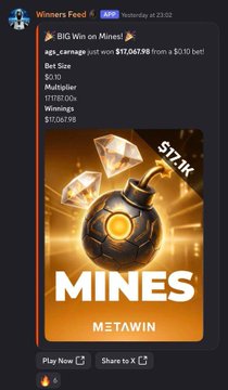 Screenshot shows a MetaWin "Winners Feed" notification of user .ags_carnage winning $17,067.98 on the "Mines" game with a $0.10 bet and a 17,067.98x multiplier on a $72,061.90 total winnings leaderboard—promotional proof of a major payout the post cites as evidence of the casino's legitimacy.