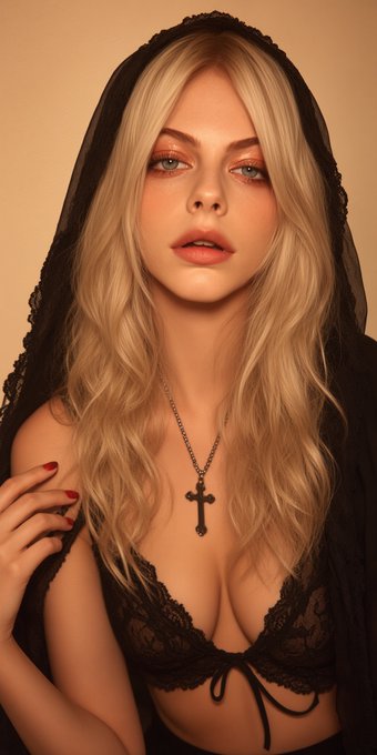 A portrait of a blonde woman wearing a black lace veil and a black lace bra with a silver cross necklace, posing against a beige background.