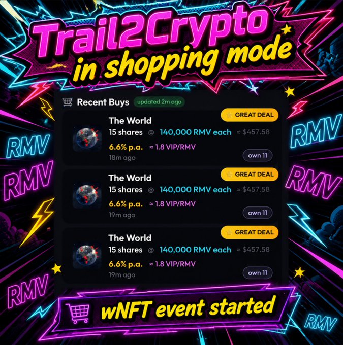 Promotional graphic for 'Trail2Crypto in shopping mode' featuring RMV branding and listing recent purchases of 'The World' shares at 140,000 RMV each, with a 'wNFT event started' banner.
