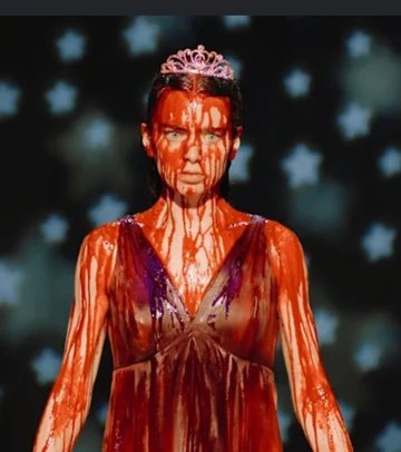 A blood-soaked figure wearing a tiara and dress stands stoically against a starry backdrop, embodying unwavering resilience. It visually mirrors the post's sentiment of steadfastly holding $RAGEGUY despite the crypto market "bleeding."