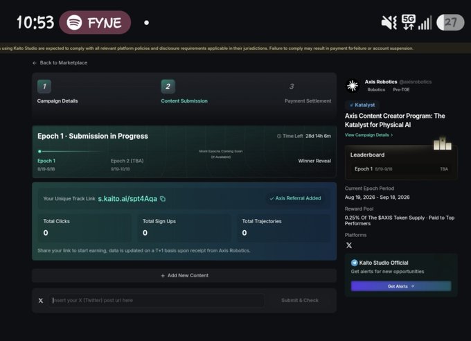 A screenshot of the Kaito Studio dashboard showing an "Epoch 1 - Submission in Progress" for the Axis Robotics campaign, with metrics for Total Clicks, Sign Ups, and Trajectories all at zero, and a referral link.