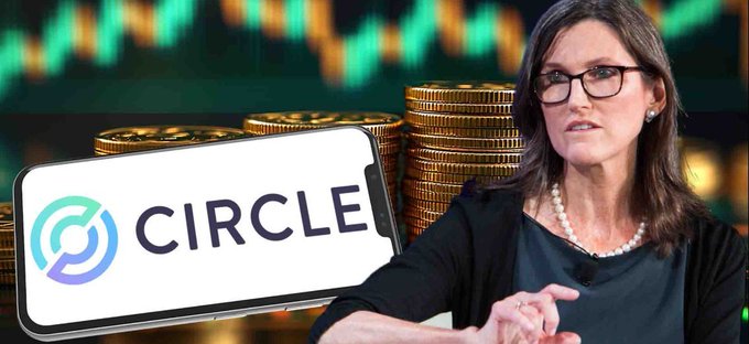 A news-style graphic showing a woman being interviewed with the Circle logo and stacks of gold coins against a stock chart background.