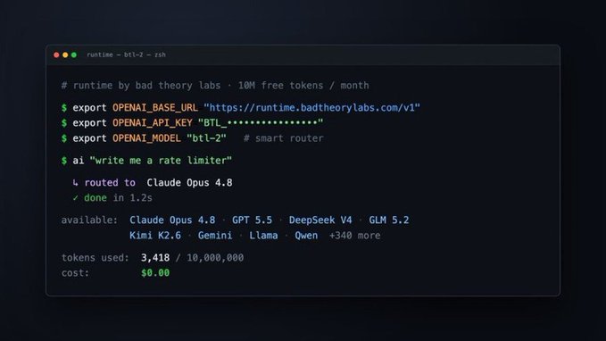 A terminal screenshot shows the "runtime by bad theory labs" CLI tool being configured with environment variables (`OPENAI_BASE_URL`, `OPENAI_API_KEY`, `OPENAI_MODEL`) and used to prompt a "smart router," which routes the request to "Claude Opus 4.8" in 1.2s using 3,418 of 10,000,000 free tokens at $0.00 cost. The image visually demonstrates the post's claim about Bad Theory Labs offering 10 million free tokens monthly across 340+ models including Claude, GPT, DeepSeek, Kimi, and Gemini, with an interface that lists all those available models.