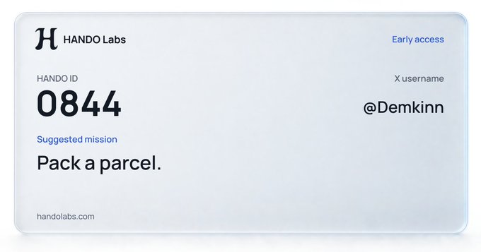 A digital ID card from HANDO Labs (early access) displaying HANDO ID 0844, X username @Demkinn, and a suggested mission 'Pack a parcel.'
