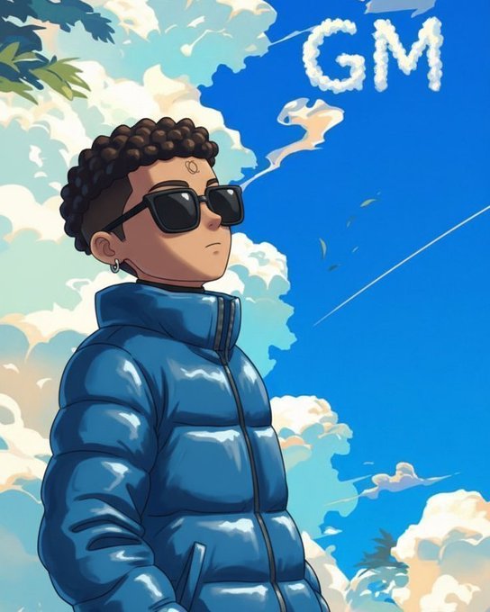 A stylish cartoon character wearing sunglasses and a puffy blue jacket stands against a vibrant cloudy sky, with "GM" (Good Morning) spelled out in cloud letters above—a popular Web3 greeting that aligns with the post's message about Nucleus simplifying web3 infrastructure by removing unnecessary layers.