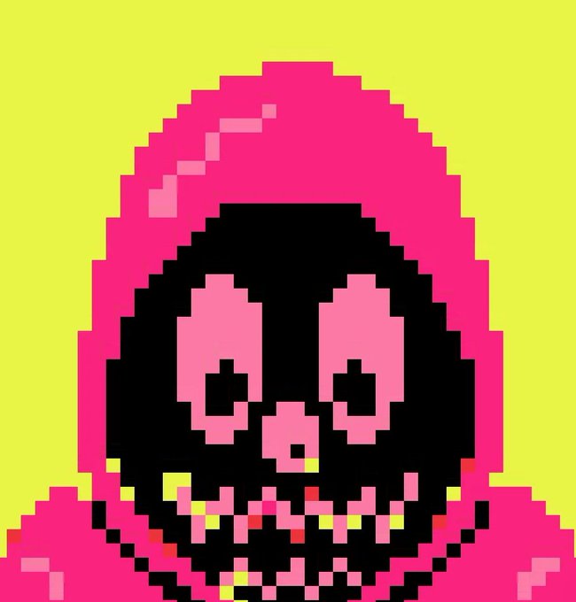 A retro pixel-art illustration on a yellow-green background features a stylized hooded figure with a black face, large pink pixelated eyes, and an open mouth showing jagged teeth, rendered in hot pink and black tones.