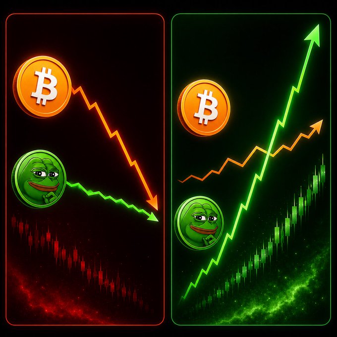 Side-by-side crypto comparison showing Bitcoin with a downward red arrow (loss) on the left and an upward green arrow (gain) on the right, both paired with the Pepe frog meme coin.
