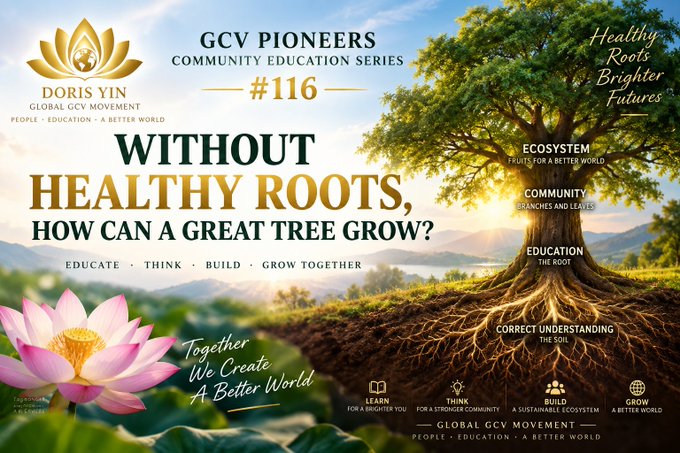 A promotional graphic for 'GCV PIONEERS COMMUNITY EDUCATION SERIES #116' by Doris Yin Global GCV Movement, featuring the title 'WITHOUT HEALTHY ROOTS, HOW CAN A GREAT TREE GROW?' alongside an image of a large tree with visible roots and a pink lotus flower.