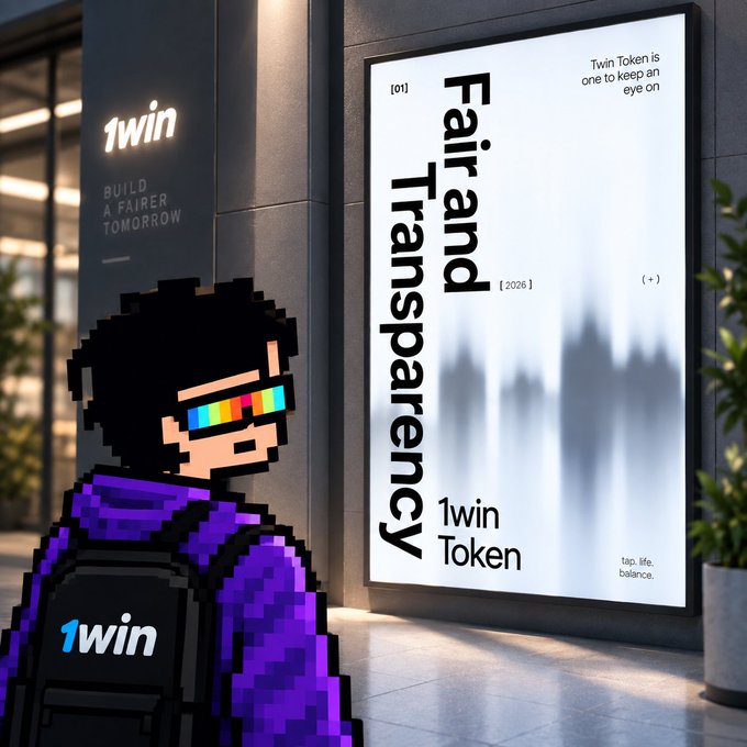 A pixel art character with rainbow sunglasses and a 1win backpack stands beside a large advertisement reading 'Fair and Transparency' and '1win Token', with 'BUILD A FAIRER TOMORROW' visible on a wall.