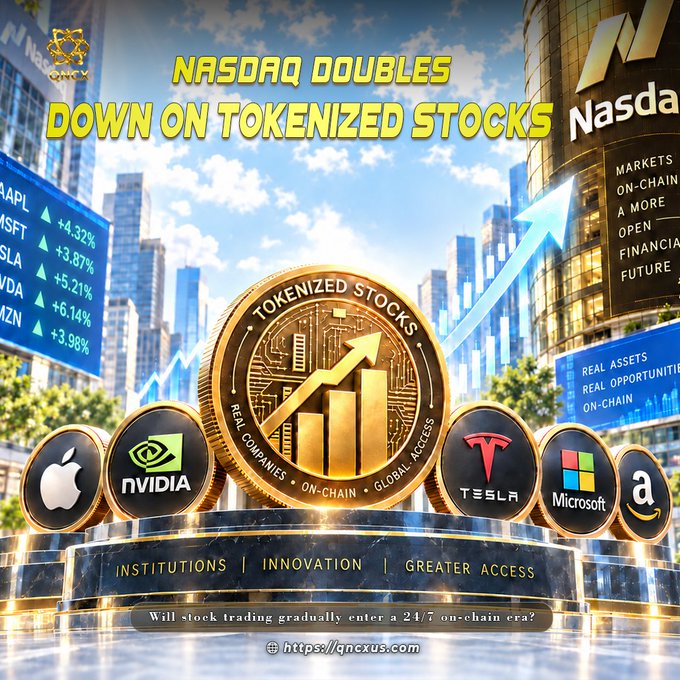 A promotional graphic announces "NASDAQ DOUBLES DOWN ON TOKENIZED STOCKS," featuring a golden "Tokenized Stocks" coin surrounded by logos of major companies including Apple, NVIDIA, Tesla, Microsoft, and Amazon, with stock tickers (AAPL, MSFT, GOOGL, NVDA, AMZN) showing positive gains of 3-6% displayed on screens in the background. The image supports the accompanying post about Nasdaq's $100 million investment in Kraken's parent company and QNCX's focus on global stock tokenization, with the tagline "INSTITUTIONS | INNOVATION | GREATER ACCESS."