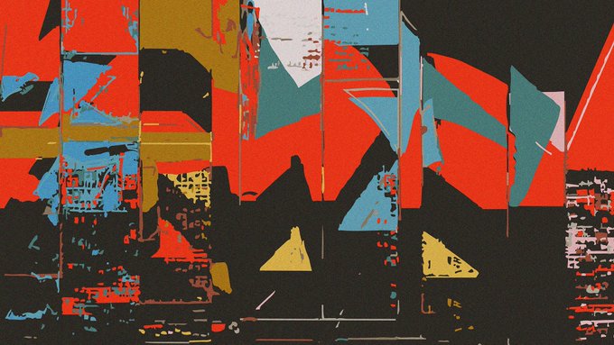 An abstract artwork or glitch-style image featuring bold geometric shapes in red, blue, yellow, and black tones.
