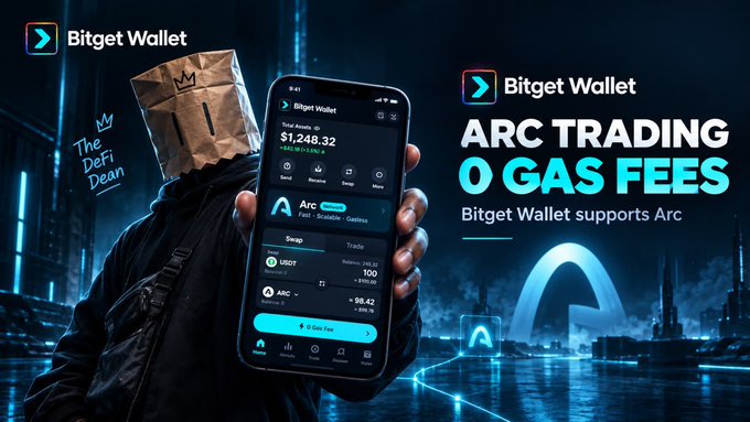 A promotional image for Bitget Wallet featuring a person in a paper bag mask holding a smartphone displaying the wallet app, with text 'Bitget Wallet', 'The Defi Dean', 'ARC TRADING 0 GAS FEES', and 'Bitget Wallet supports Arc'.
