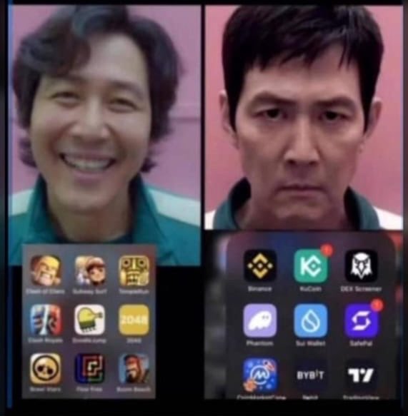 A side-by-side meme comparing two men with contrasting expressions, each shown above a smartphone home screen with various app icons.