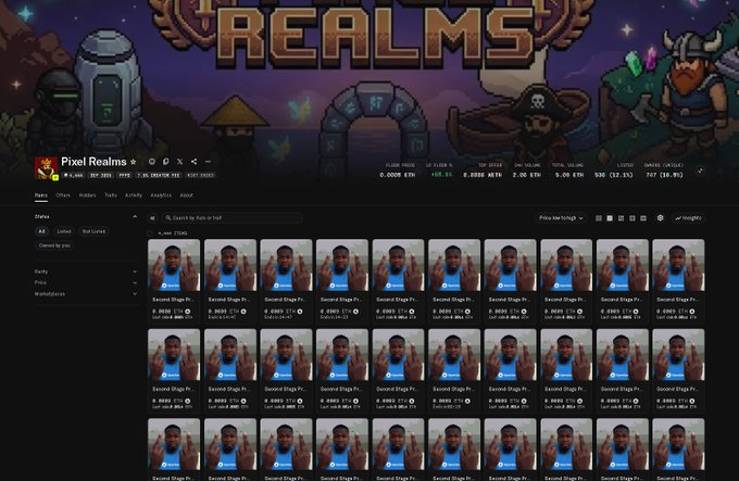 A Pixel Realms NFT marketplace screenshot displaying multiple 'Sword Dogs Pt.' NFT listings arranged in a grid format with price information.