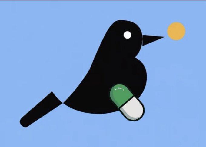 A black bird carrying a green pill, standing against a light blue background with an orange object in its beak.