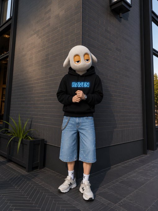 A person posing against a dark brick wall wearing a black 'RAVEN' hoodie, distressed denim shorts, and a large cartoonish sheep mask.