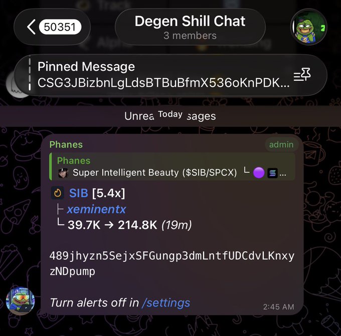 A Telegram chat screenshot from 'Degen Shill Chat' showing an admin message from Phanes about 'Super Intelligent Beauty ($SIB/SPCX)' with xeminenttx showing a gain from 39.7K to 214.8K.