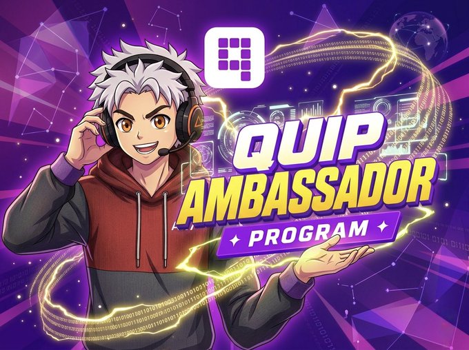 An anime-style character with silver hair and a headset gestures toward the bold text 'QUIP AMBASSADOR PROGRAM' displayed against a purple, tech-themed background featuring binary code and a grid icon.