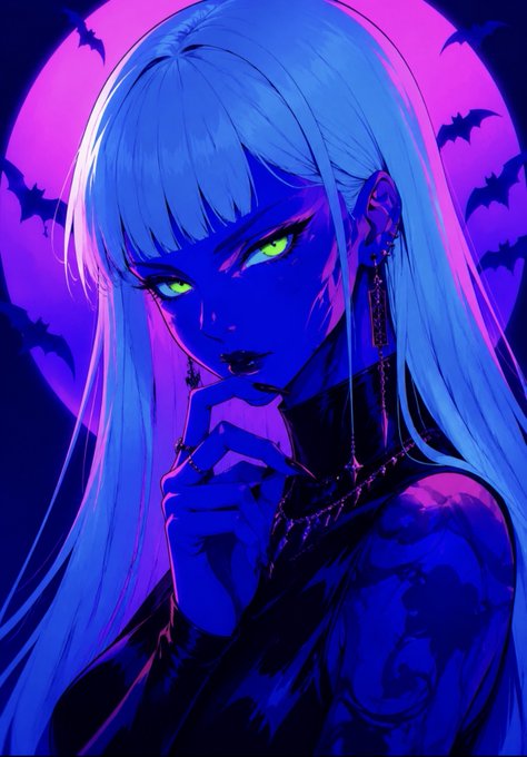 A digital illustration of an anime-style woman with long light hair, glowing green eyes, and blue-toned skin, posed against a large purple moon with silhouetted bats flying around her.