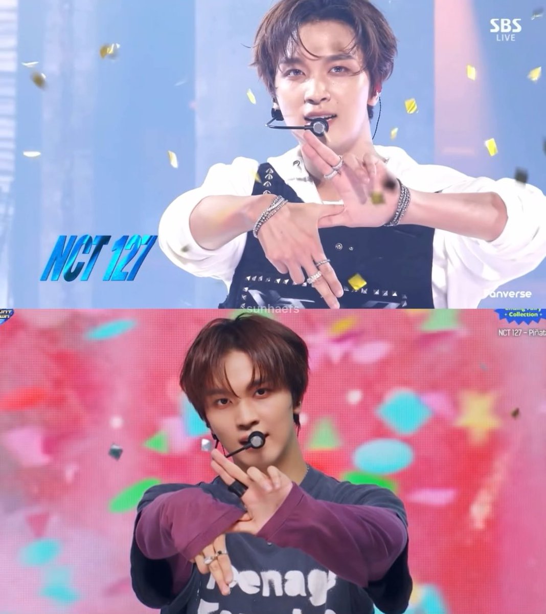 Two screenshots show an NCT 127 member performing a hand-gesture pose on stage—one wearing a black and white studded outfit during an SBS LIVE broadcast, and another in a dark sweater over a graphic tee—while the "NCT 127" logo and "Pinata" text appear on screen, capturing the signature choreography tied to the "NEO" theme.