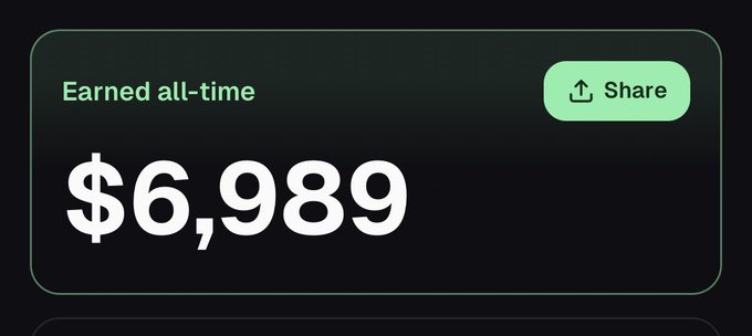 A dashboard widget displays "Earned all-time $6,989" alongside a green Share button, illustrating the total earnings from calling out quality projects on Pumpfun as mentioned in the post about getting paid $7k for two slowcook calls.