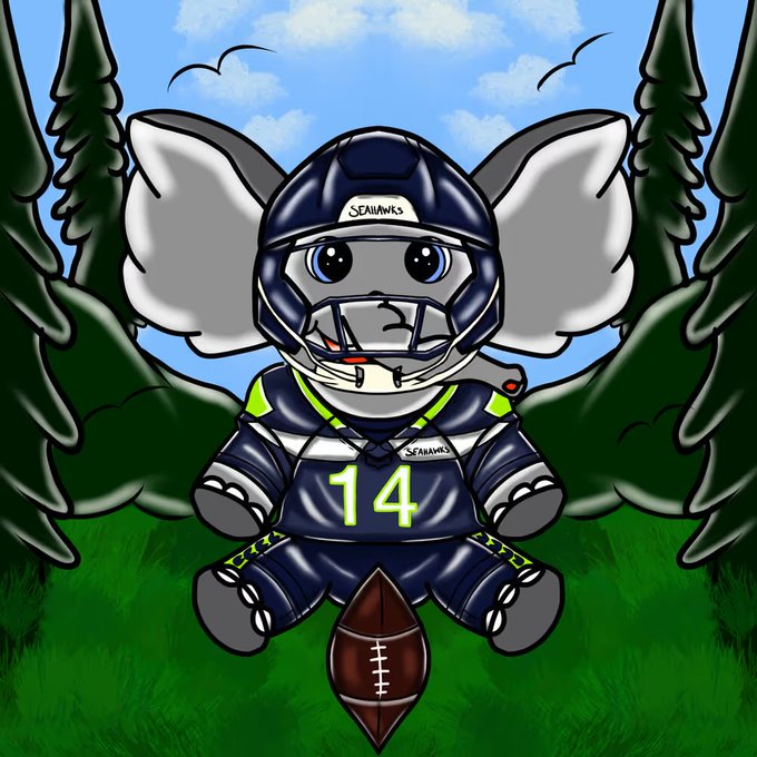 A cartoon illustration of a small elephant mascot wearing a Seattle Seahawks football uniform with the number 14, sitting on grass with a football between its feet and pine trees in the background.