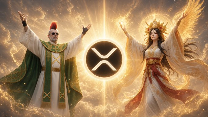 A divine figure in priestly robes stands alongside a radiant, winged angelic woman with a golden crown, both with arms raised toward a glowing XRP logo amid swirling clouds and heavenly light. The image visually interprets the post's "Blessings to XRP" message by depicting the cryptocurrency as a sacred, celestial symbol receiving divine favor.