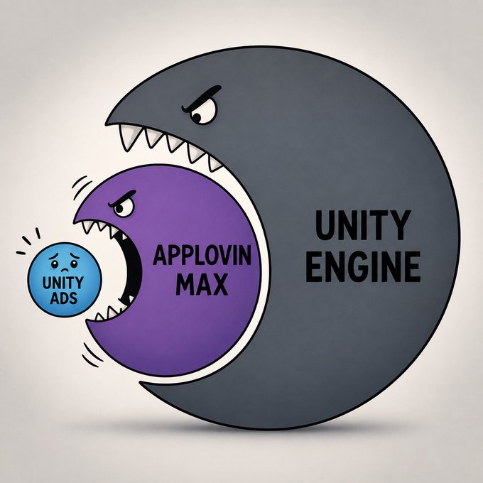 A cartoon illustration showing a large gray Pac-Man character labeled "UNITY ENGINE" about to eat a smaller purple Pac-Man character labeled "APPLOVIN MAX", which is about to eat a tiny blue character labeled "UNITY ADS".