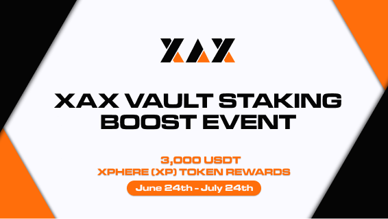 The image features a banner for an event, with the text "XAX VAULT STAKING BOOST EVENT" written at the top. Below this, there are three descriptions of the event, including that it's happening on June 24th, July 24th and 25th, and that it's an app called "Xphere". The post also mentions that there is a $ XP(equivalent to 1500) reward for being the 1st place staker.