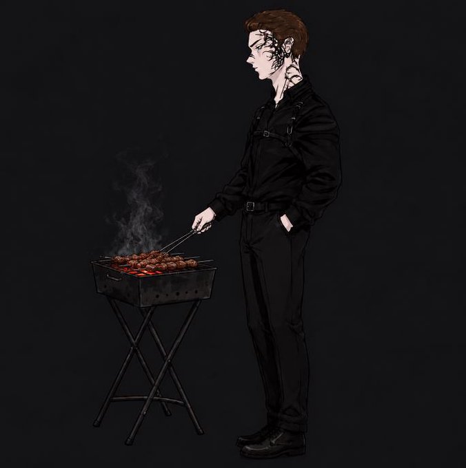 An illustrated profile of a pale, tattooed figure with dark markings on their face and neck, dressed in all black, grilling meat skewers on a small portable barbecue against a dark background.