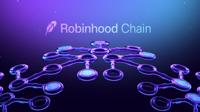 A digital graphic featuring the "Robinhood Chain" logo and name at the top, above a stylized 3D network of glowing blue and purple interconnected nodes.