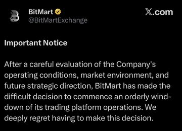 A BitMart (@BitMartExchange) 'Important Notice' posted on X.com announcing the orderly wind-down of its trading platform operations.