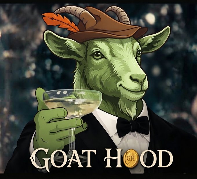 Illustration of an anthropomorphic goat wearing a brown hat with orange feathers and a black tuxedo, holding a martini glass, with the text "GOAT HOOD" below where the 'O' is replaced by a gold coin marked 'GH'.