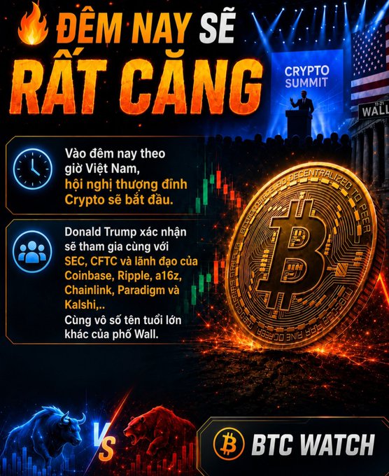 A Vietnamese promotional graphic titled 'ĐÊM NAY SẼ RẤT CĂNG' (Tonight will be very tense) announcing a Crypto Summit with Donald Trump attending alongside SEC, CFTC, Coinbase, Ripple, a16z, Chainlink, Paradigm, and Kalshi, featuring Bitcoin imagery and a bull vs bear 'BTC WATCH' comparison.
