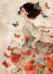 An illustration of a woman in a flowing white dress with dark hair blowing in the wind, surrounded by red poppies and butterflies against a soft, muted background.