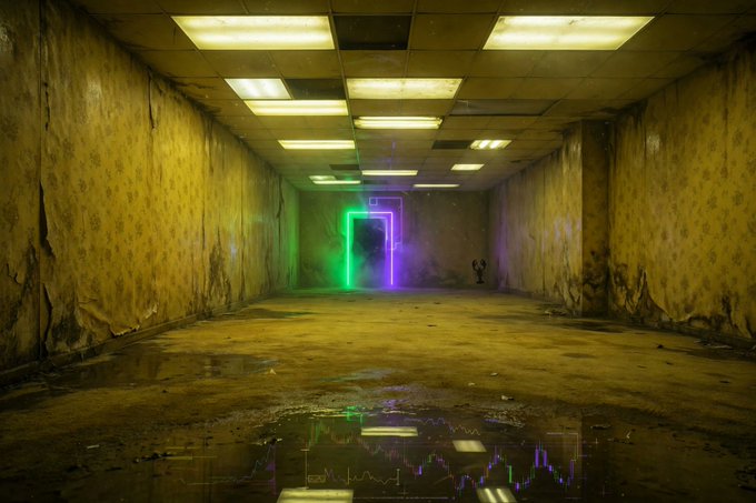 An abandoned, dilapidated hallway with peeling yellow patterned wallpaper, a debris-strewn wet floor, and fluorescent ceiling lights illuminates a glowing neon green and purple doorway at the far end.