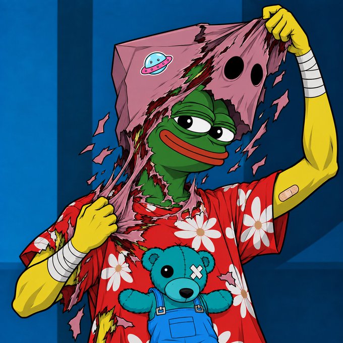 The image shows Pepe the Frog ripping off a paper bag mask to reveal his face, wearing a red floral shirt with a blue teddy bear design. The post's question "what's under the mask" is humorously answered by the image, showing Pepe literally unmasking himself to reveal the iconic meme character underneath.