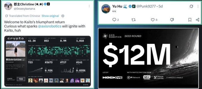Two X posts are displayed side by side: on the left, user @Oxsexybanana highlights Kaito's triumphant return and curiosity around @axisrobotics, featuring an analytics dashboard showing stats like 41.3K, 853, 8.9M, 1,010, and $8.92K; on the right, @Punk9277's post about $12M from Axis Robotics' seed round (led by Hack VC with participation from Pi Network, IDG, Coinbase Ventures, and Samsung Next) shows Yu Hu's profile. The image visually supports the accompanying caption by illustrating both the social media buzz and the significant seed funding behind the Axis Robotics project, marking Kaito's notable comeback collaboration.
