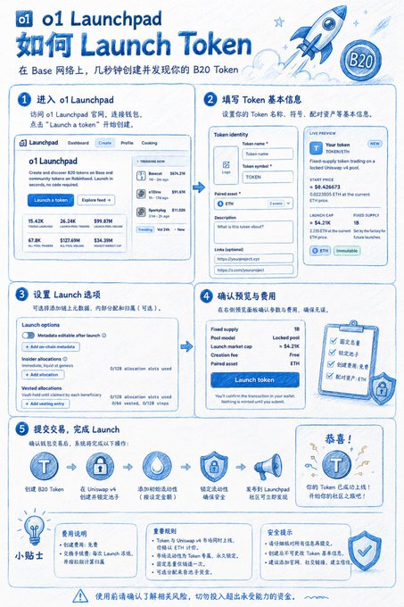 An infographic titled "How to Launch Token" on o1 Launchpad outlines a five-step process for creating a B20 token on Base, including entering the launchpad, filling in token basics, setting launch options, paying preview and fees, and submitting the transaction. It displays key figures like a $9.426673 ETH start price, 36.24K all-time volume, and features sample tokens like Booster ($67.8K) and Halving ($11.02K), corresponding to the post's guide on issuing tokens via launch.o1.exchange.