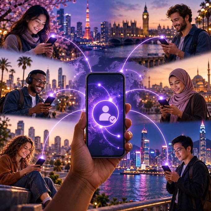 A hand holds a smartphone displaying a user profile icon, with glowing purple connection lines radiating outward to six diverse individuals across global cityscapes (including Tokyo, London, and Hong Kong), each engaged with their own phones—visually representing InterLink's mission of connecting real people worldwide into a unified community network.