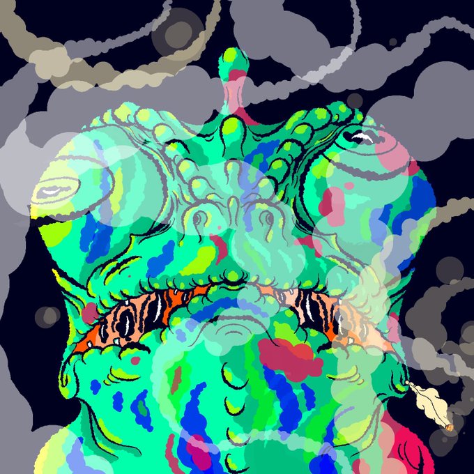 A colorful, psychedelic digital illustration of a monstrous, cartoonish creature with multiple eyes, horns, and vibrant green, blue, pink, and yellow patterns on a dark background.