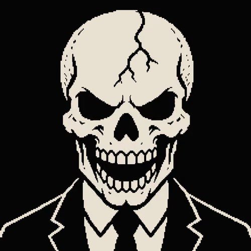 A stylized graphic of a grinning skull with a crack across its forehead, wearing a suit and tie against a black background.