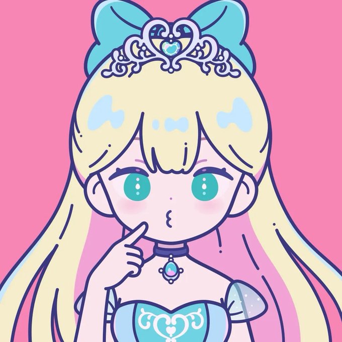 A cute chibi-style anime illustration features a blonde girl with big teal eyes wearing a blue tiara and matching dress, posing with her finger on her chin against a pink background.