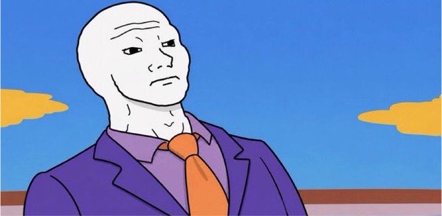 An internet meme character 'Wojak' depicted with a bald head, sad expression, and purple suit with an orange tie against a blue sky background.