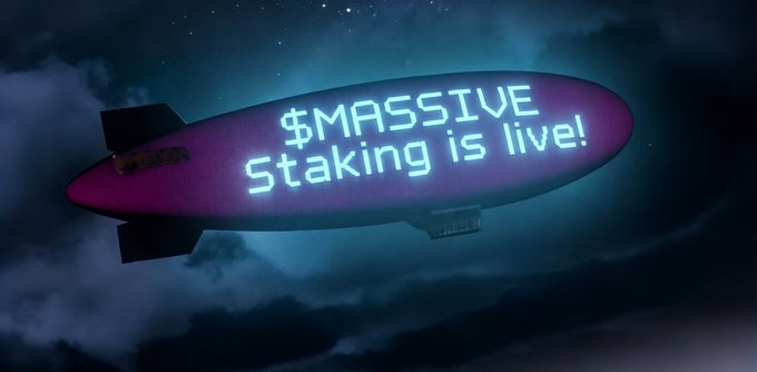 A 3D illustration of a pink and purple blimp floating in the night with the text '$MASSIVE Staking is live!' displayed on its side.