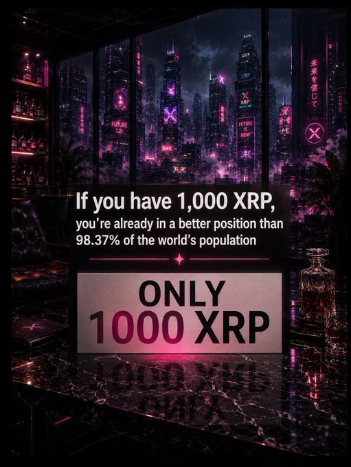 A promotional graphic with a neon cityscape background features text stating "If you have 1,000 XRP, you're already in a better position than 98.37% of the world's population" and "ONLY 1000 XRP".